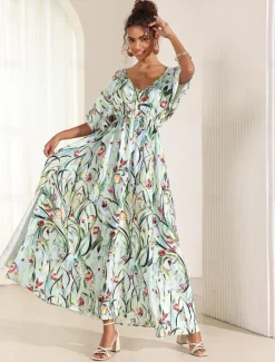 Online Women's Midi Dress Swing Dress A Line Dress Summer Dress Elegant Bohemia Tropical Flutter Sleeve Vacation Daily Date Loose Fit Floral Short Sleeve V Neck Blue Green Summer Women Vacation Dresses|Spring Dresses