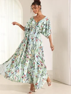 Online Women's Midi Dress Swing Dress A Line Dress Summer Dress Elegant Bohemia Tropical Flutter Sleeve Vacation Daily Date Loose Fit Floral Short Sleeve V Neck Blue Green Summer Women Vacation Dresses|Spring Dresses