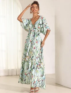 Online Women's Midi Dress Swing Dress A Line Dress Summer Dress Elegant Bohemia Tropical Flutter Sleeve Vacation Daily Date Loose Fit Floral Short Sleeve V Neck Blue Green Summer Women Vacation Dresses|Spring Dresses