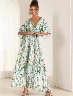 Online Women's Midi Dress Swing Dress A Line Dress Summer Dress Elegant Bohemia Tropical Flutter Sleeve Vacation Daily Date Loose Fit Floral Short Sleeve V Neck Blue Green Summer Women Vacation Dresses|Spring Dresses