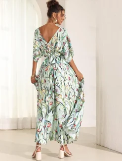 Online Women's Midi Dress Swing Dress A Line Dress Summer Dress Elegant Bohemia Tropical Flutter Sleeve Vacation Daily Date Loose Fit Floral Short Sleeve V Neck Blue Green Summer Women Vacation Dresses|Spring Dresses