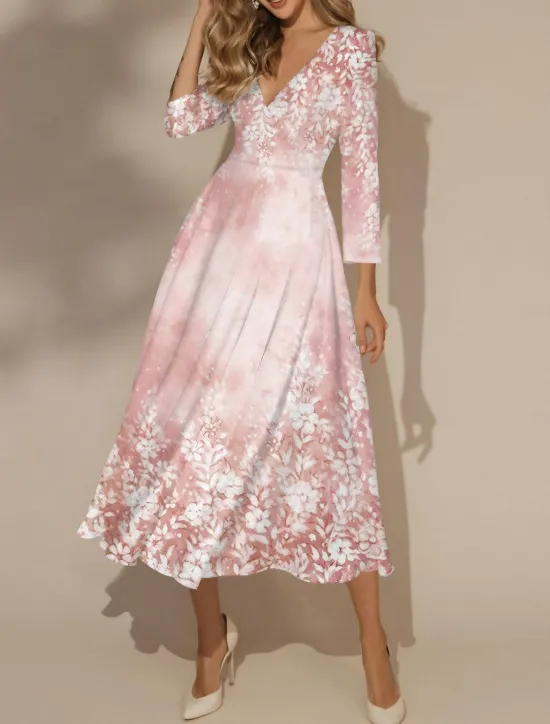 Sale Women's Midi Dress Swing Dress Semi Formal Dress A Line Dress Print Dress Fashion Streetwear Modern Formal Outdoor Vacation Regular Fit Floral 3/4 Length Sleeve V Neck Fall Winter Women Spring Dresses|Cocktail Dress