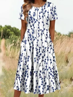 Women's Midi Dress T Shirt Dress Tee Dress A Line Dress Summer Dress Vacation Casual Daily Going out Summer Dress Regular Fit Floral Graphic Half Sleeve Crew Neck White Dark Pink Blue Summer Spring Women Casual Dress