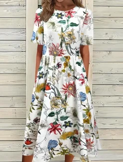 Women's Midi Dress T Shirt Dress Tee Dress A Line Dress Summer Dress Vacation Casual Daily Going out Summer Dress Regular Fit Floral Graphic Half Sleeve Crew Neck White Dark Pink Blue Summer Spring Women Casual Dress