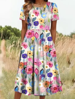 Women's Midi Dress T Shirt Dress Tee Dress A Line Dress Summer Dress Vacation Casual Daily Going out Summer Dress Regular Fit Floral Graphic Half Sleeve Crew Neck White Dark Pink Blue Summer Spring Women Casual Dress