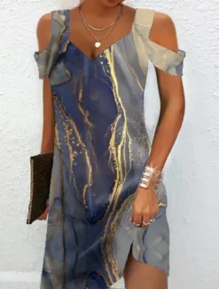 Discount Women's Midi Dress T Shirt Dress Tee Dress Sundress Summer Dress Midi Dress Elegant Semi Formal Vacation Daily Cocktail Party Regular Fit Marble Short Sleeve Sweetheart Dusty Blue Rainbow Summer Women T Shirt Dresses