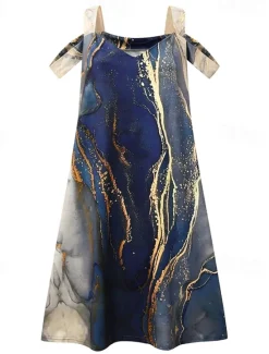 Discount Women's Midi Dress T Shirt Dress Tee Dress Sundress Summer Dress Midi Dress Elegant Semi Formal Vacation Daily Cocktail Party Regular Fit Marble Short Sleeve Sweetheart Dusty Blue Rainbow Summer Women T Shirt Dresses