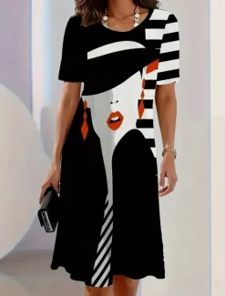 Outlet Women's Midi Dress T Shirt Dress Tee Dress Shift Dress Summer Dress Casual Formal Daily Regular Fit Floral Abstract Short Sleeve Crew Neck Black White Dark Red Summer Spring Women T Shirt Dresses