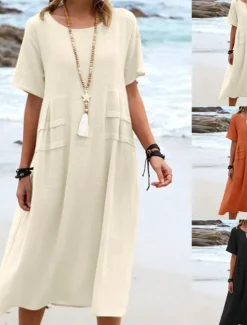 Sale Women's Midi Dress T Shirt Dress Tee Dress Summer Dress Casual Daily Regular Fit Plain Short Sleeve Crew Neck Black Orange Apricot Gray Summer Women Dresses