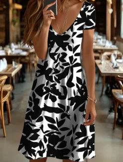 Best Women's Midi Dress T Shirt Dress Tee Dress Sundress A Line Dress Vacation Casual Beach Beach Regular Fit Floral Graphic Leaf Short Sleeve V Neck Black And White Yellow Red Blue Summer Spring Women Vacation Dresses