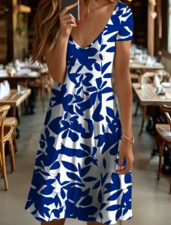 Best Women's Midi Dress T Shirt Dress Tee Dress Sundress A Line Dress Vacation Casual Beach Beach Regular Fit Floral Graphic Leaf Short Sleeve V Neck Black And White Yellow Red Blue Summer Spring Women Vacation Dresses