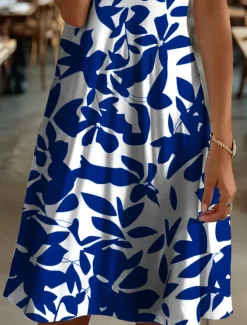 Best Women's Midi Dress T Shirt Dress Tee Dress Sundress A Line Dress Vacation Casual Beach Beach Regular Fit Floral Graphic Leaf Short Sleeve V Neck Black And White Yellow Red Blue Summer Spring Women Vacation Dresses