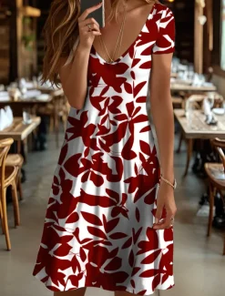 Best Women's Midi Dress T Shirt Dress Tee Dress Sundress A Line Dress Vacation Casual Beach Beach Regular Fit Floral Graphic Leaf Short Sleeve V Neck Black And White Yellow Red Blue Summer Spring Women Vacation Dresses
