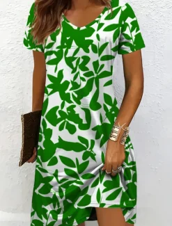 Best Women's Midi Dress T Shirt Dress Tee Dress Sundress A Line Dress Vacation Casual Beach Beach Regular Fit Floral Graphic Leaf Short Sleeve V Neck Black And White Yellow Red Blue Summer Spring Women Vacation Dresses