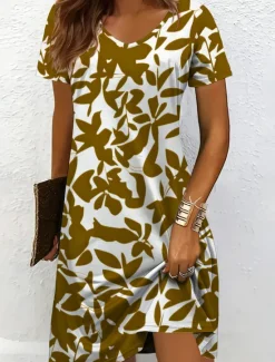 Best Women's Midi Dress T Shirt Dress Tee Dress Sundress A Line Dress Vacation Casual Beach Beach Regular Fit Floral Graphic Leaf Short Sleeve V Neck Black And White Yellow Red Blue Summer Spring Women Vacation Dresses