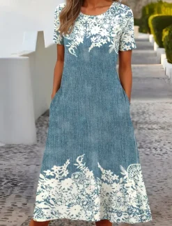 Hot Women's Midi Dress T Shirt Dress Tee Dress Shift Dress Summer Dress Formal Vacation Daily Regular Fit Floral Short Sleeve Crew Neck White Light Green Pink Blue Summer Spring Women T Shirt Dresses