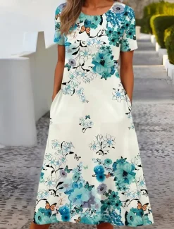 Hot Women's Midi Dress T Shirt Dress Tee Dress Shift Dress Summer Dress Formal Vacation Daily Regular Fit Floral Short Sleeve Crew Neck White Light Green Pink Blue Summer Spring Women T Shirt Dresses