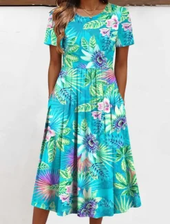 Clearance Women's Midi Dress T Shirt Dress Tee Dress Vacation Casual Daily Regular Fit Floral Graphic Short Sleeve Crew Neck Light Green Pink Green Beige Summer Women Casual Dress