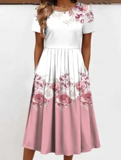 Clearance Women's Midi Dress T Shirt Dress Tee Dress Vacation Casual Daily Regular Fit Floral Graphic Short Sleeve Crew Neck Light Green Pink Green Beige Summer Women Casual Dress