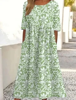 Best Women's Midi Dress T Shirt Dress Tee Dress A Line Dress Summer Dress Bohemia Vacation Vintage Regular Fit Floral Graphic Ditsy Floral Short Sleeve Crew Neck Light Green Blue Khaki Summer Spring Women Casual Dress