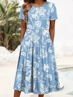 Best Women's Midi Dress T Shirt Dress Tee Dress Sundress Pleated Dress Vacation Casual Daily Loose Fit Floral Graphic Short Sleeve Crew Neck Summer Women Casual Dress