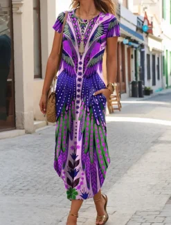 New Women's Midi Dress T Shirt Dress Tee Dress Summer Dress Casual Boho Beach Daily Regular Fit Floral Graphic Tribal Short Sleeve Crew Neck Dark Yellow Red Blue Purple Summer Women Casual Dress