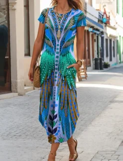 New Women's Midi Dress T Shirt Dress Tee Dress Summer Dress Casual Boho Beach Daily Regular Fit Floral Graphic Tribal Short Sleeve Crew Neck Dark Yellow Red Blue Purple Summer Women Casual Dress