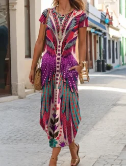 New Women's Midi Dress T Shirt Dress Tee Dress Summer Dress Casual Boho Beach Daily Regular Fit Floral Graphic Tribal Short Sleeve Crew Neck Dark Yellow Red Blue Purple Summer Women Casual Dress