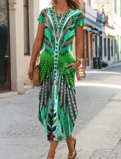 New Women's Midi Dress T Shirt Dress Tee Dress Summer Dress Casual Boho Beach Daily Regular Fit Floral Graphic Tribal Short Sleeve Crew Neck Dark Yellow Red Blue Purple Summer Women Casual Dress