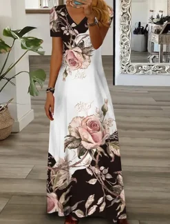 Women's Midi Dress T Shirt Dress Tee Dress Shift Dress Summer Dress Fit And Flare Dress Casual Vacation Daily Regular Fit Floral Graphic Short Sleeve V Neck Yellow Pink Blue Green Summer Women T Shirt Dresses