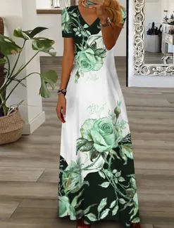 Women's Midi Dress T Shirt Dress Tee Dress Shift Dress Summer Dress Fit And Flare Dress Casual Vacation Daily Regular Fit Floral Graphic Short Sleeve V Neck Yellow Pink Blue Green Summer Women T Shirt Dresses