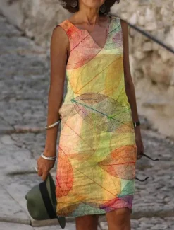 Best Women's Midi Dress Tank Dress Summer Dress Print Dress Fashion Streetwear Basic Outdoor Vacation Street Loose Fit Floral Leaf Short Sleeve V Neck Yellow Blue Green Light Blue Summer Spring Women Floral Dresses