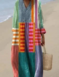 New Women's Midi Dress V Neck Long Sleeve Kaftan Lightweight Loose Fit A Line Dress Casual Boho Going out Graphic Long Sleeve V Neck Yellow Pink Blue Brown Women Vacation Dresses