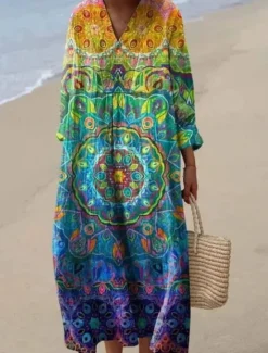 New Women's Midi Dress V Neck Long Sleeve Kaftan Lightweight Loose Fit A Line Dress Casual Boho Going out Graphic Long Sleeve V Neck Yellow Pink Blue Brown Women Vacation Dresses