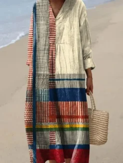 New Women's Midi Dress V Neck Long Sleeve Kaftan Lightweight Loose Fit A Line Dress Casual Boho Going out Graphic Long Sleeve V Neck Yellow Pink Blue Brown Women Vacation Dresses