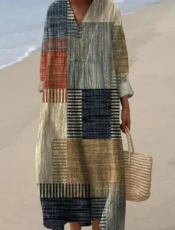 New Women's Midi Dress V Neck Long Sleeve Kaftan Lightweight Loose Fit A Line Dress Casual Boho Going out Graphic Long Sleeve V Neck Yellow Pink Blue Brown Women Vacation Dresses