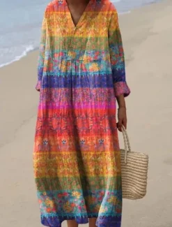 New Women's Midi Dress V Neck Long Sleeve Kaftan Lightweight Loose Fit A Line Dress Casual Boho Going out Graphic Long Sleeve V Neck Yellow Pink Blue Brown Women Vacation Dresses