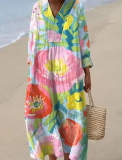 New Women's Midi Dress V Neck Long Sleeve Kaftan Lightweight Loose Fit A Line Dress Casual Boho Party Going out Floral Graphic Long Sleeve V Neck Gray Green Dark Pink off-white Pink / White Women Vacation Dresses