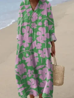 New Women's Midi Dress V Neck Long Sleeve Kaftan Lightweight Loose Fit A Line Dress Casual Boho Party Going out Floral Graphic Long Sleeve V Neck Gray Green Dark Pink off-white Pink / White Women Vacation Dresses