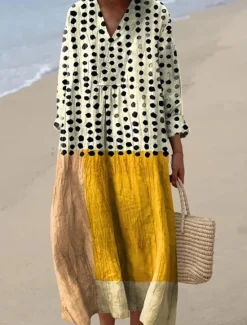 New Women's Midi Dress V Neck Long Sleeve Kaftan Lightweight Loose Fit A Line Dress Casual Boho Going out Graphic Geometric Stripe Long Sleeve V Neck Orange red Black Yellow Pink Women Vacation Dresses