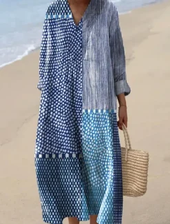 New Women's Midi Dress V Neck Long Sleeve Kaftan Lightweight Loose Fit A Line Dress Casual Boho Going out Graphic Geometric Stripe Long Sleeve V Neck Orange red Black Yellow Pink Women Vacation Dresses