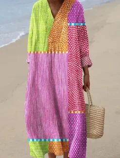 New Women's Midi Dress V Neck Long Sleeve Kaftan Lightweight Loose Fit A Line Dress Casual Boho Going out Graphic Geometric Stripe Long Sleeve V Neck Orange red Black Yellow Pink Women Vacation Dresses