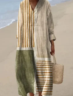 New Women's Midi Dress V Neck Long Sleeve Kaftan Lightweight Loose Fit A Line Dress Casual Boho Going out Graphic Geometric Stripe Long Sleeve V Neck Orange red Black Yellow Pink Women Vacation Dresses