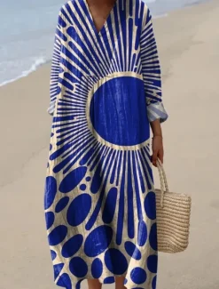 New Women's Midi Dress V Neck Long Sleeve Kaftan Lightweight Loose Fit A Line Dress Casual Boho Going out Graphic Geometric Stripe Long Sleeve V Neck Orange red Black Yellow Pink Women Vacation Dresses