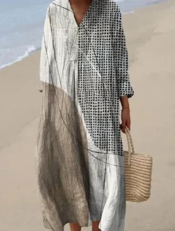 New Women's Midi Dress V Neck Long Sleeve Kaftan Lightweight Loose Fit A Line Dress Casual Boho Going out Graphic Geometric Stripe Long Sleeve V Neck Orange red Black Yellow Pink Women Vacation Dresses