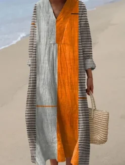 Sale Women's Midi Dress V Neck Long Sleeve Kaftan Lightweight Loose Fit A Line Dress Casual Boho Going out Loose Fit Graphic Long Sleeve V Neck Black Blue Orange Khaki Women Vacation Dresses