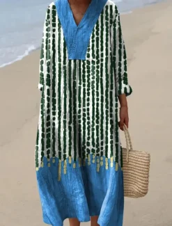 Sale Women's Midi Dress V Neck Long Sleeve Kaftan Lightweight Loose Fit A Line Dress Casual Boho Going out Loose Fit Graphic Long Sleeve V Neck Black Blue Orange Khaki Women Vacation Dresses
