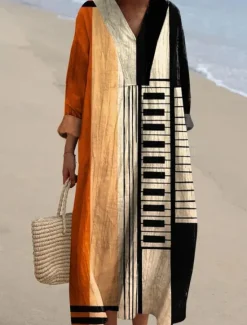 Sale Women's Midi Dress V Neck Long Sleeve Kaftan Lightweight Loose Fit A Line Dress Casual Boho Going out Loose Fit Graphic Long Sleeve V Neck Black Blue Orange Khaki Women Vacation Dresses