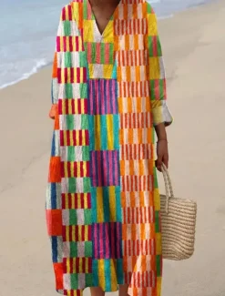 Sale Women's Midi Dress V Neck Long Sleeve Kaftan Lightweight Loose Fit A Line Dress Casual Boho Going out Loose Fit Graphic Long Sleeve V Neck Black Blue Orange Khaki Women Vacation Dresses