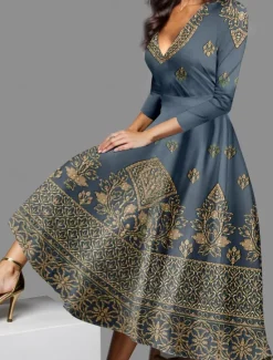 New Women's Midi Dress Vintage Dress Casual Dress Winter Dress Swing Dress Vintage Ethnic Tribal Formal Vacation Party Regular Fit Tribal 3/4 Length Sleeve V Neck Blue Purple Green Fall Winter Women Cocktail Dress